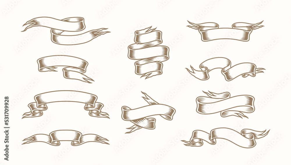 Vintage ribbons with antique flourishes. Vector set. Collection of elegant outline banners isolated on clean background. Various shapes

