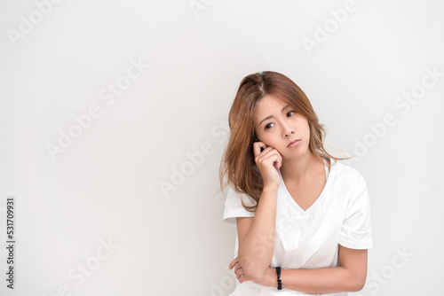 Portrait woman look tired isolated on white background