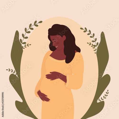 Childbirth and parenthood concept. The expectant mother hugs her stomach with her hands. Banner about happy pregnancy and motherhood. Vector illustration.