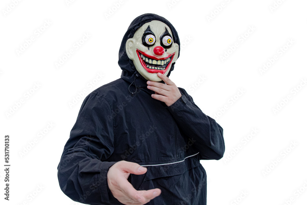 Portrait of a evil clown and Halloween theme: isolated on a white background Portrait of a evil clown and Halloween theme: isolated on a white background