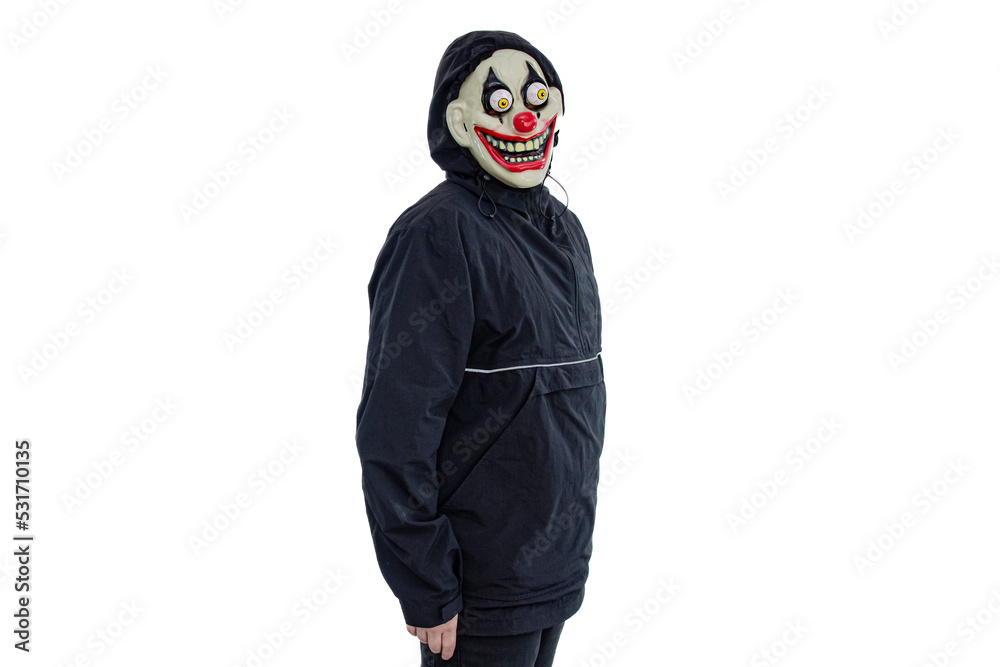 Portrait of a evil clown and Halloween theme: isolated on a white background Portrait of a evil clown and Halloween theme: isolated on a white background