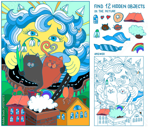 Puzzle hidden items for kids. Sea, sun, city, cats on home roofs. Find 12 hidden objects in the picture. Hand drawn vector illustration. Worksheet.