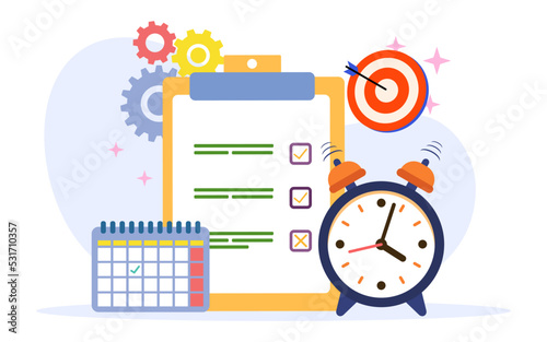 Time management with clock, checklist and target. Time organization efficiency concept. vector illustration.