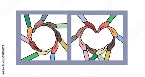 The concept of inclusion, equality and diversity. Multinational hands form a heart and a circle.