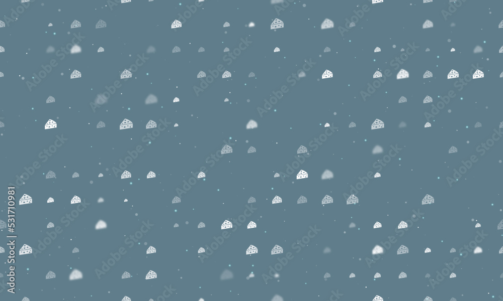 Seamless background pattern of evenly spaced white cheese symbols of different sizes and opacity. Vector illustration on blue grey background with stars