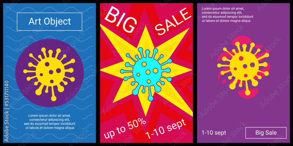 Trendy retro posters for organizing sales and other events. Large coronavirus symbol in the center of each poster. Vector illustration on black background