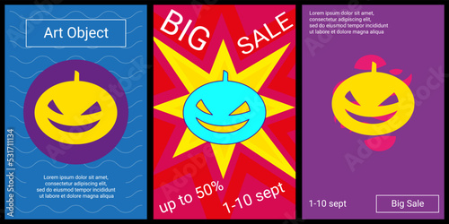Trendy retro posters for organizing sales and other events. Large halloween pumpkin symbol in the center of each poster. Vector illustration on black background