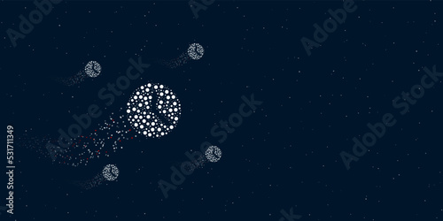 A time symbol filled with dots flies through the stars leaving a trail behind. Four small symbols around. Empty space for text on the right. Vector illustration on dark blue background with stars
