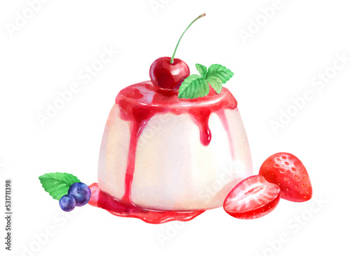 Watercolor isolated illustration of Panna Cotta 