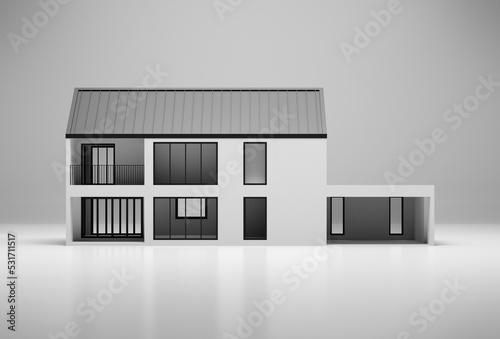 Simple house on white floor with grey background. 3d rendering of exterior residential building.
