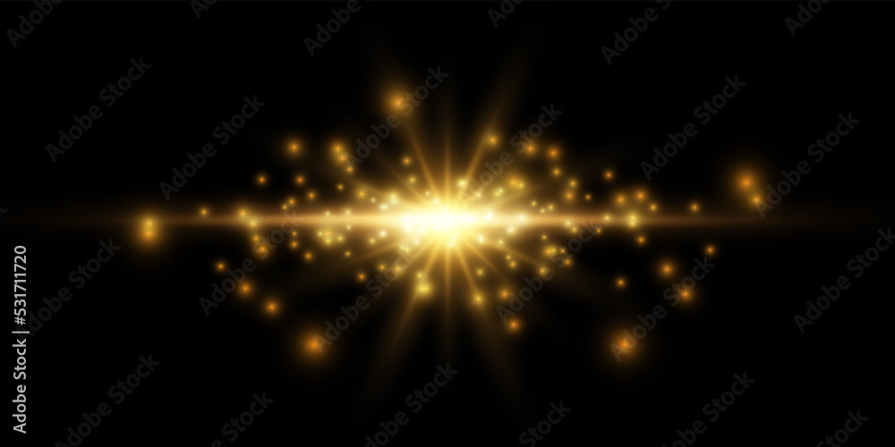 Golden neon glowing beam of light exploded, star, explosion with dust and sparkles on a black background. Golden neon glowing beam of light exploded, star, explosion with dust and sparkles on a black background.