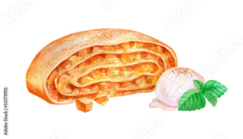 Watercolor isolated illustration of Apple Strudel