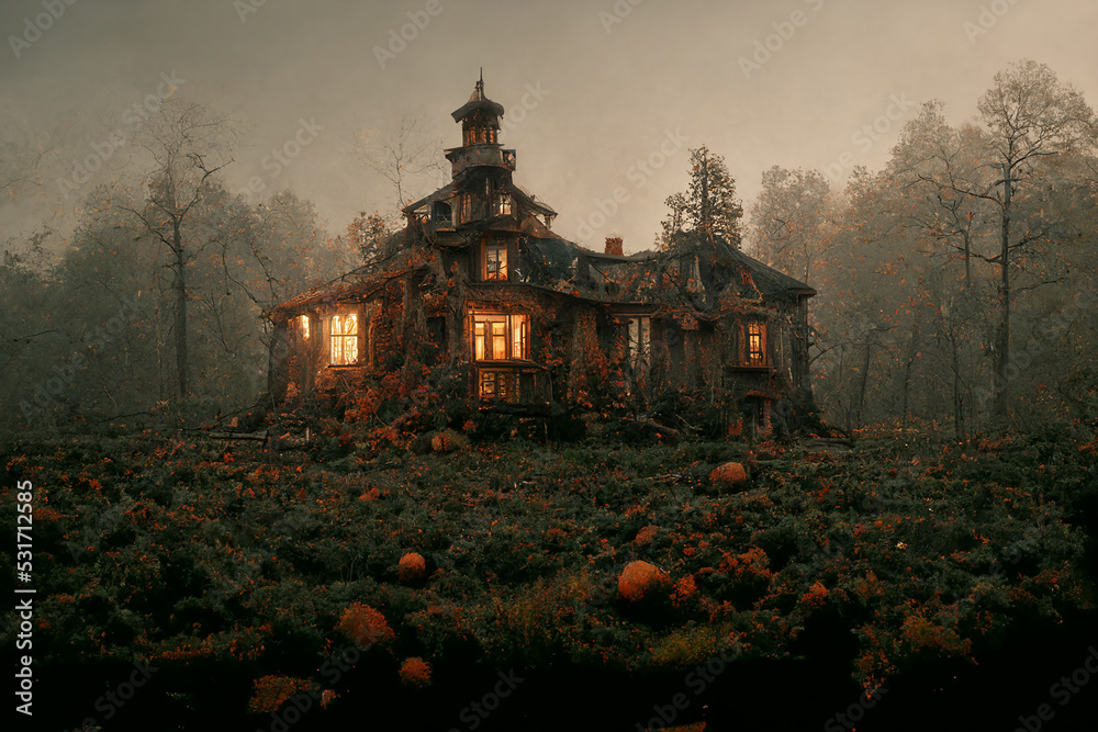 Sinister Spooky Mansion in the Edge of Mystical Forest 3D Art