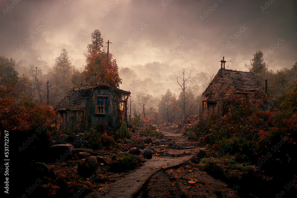 Stockillustratie Ugly Scary Huts of of Abandoned Ghost Village 3D Art