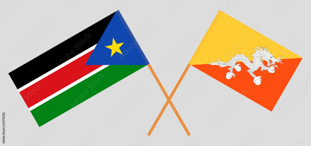 Crossed flags of South Sudan and Bhutan. Official colors. Correct proportion Crossed flags of South Sudan and Bhutan. Official colors. Correct proportion