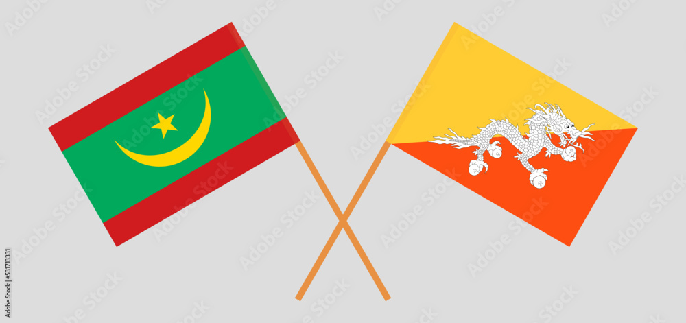 Crossed flags of Mauritania and Bhutan. Official colors. Correct proportion Crossed flags of Mauritania and Bhutan. Official colors. Correct proportion
