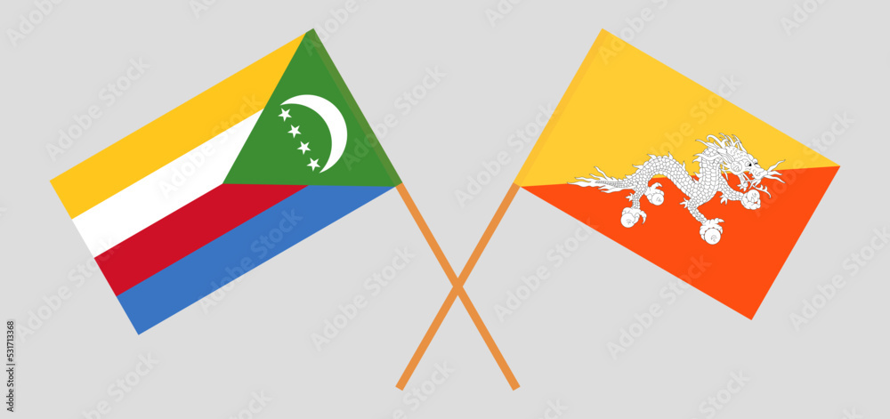 Crossed flags of the Comoros and Bhutan. Official colors. Correct proportion Crossed flags of the Comoros and Bhutan. Official colors. Correct proportion