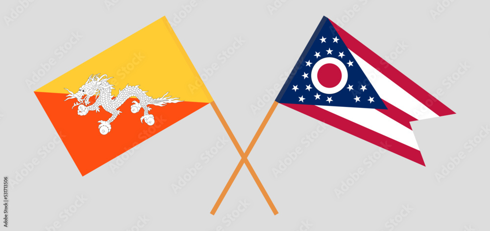 Fototapeta premium Crossed flags of Bhutan and the State of Ohio. Official colors. Correct proportion