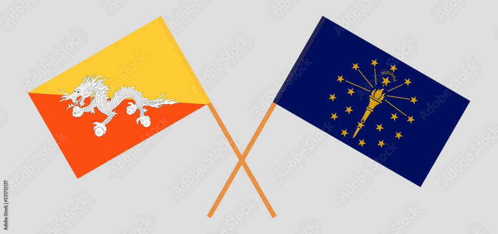 Crossed flags of Bhutan and the State of Indiana. Official colors. Correct proportion Crossed flags of Bhutan and the State of Indiana. Official colors. Correct proportion