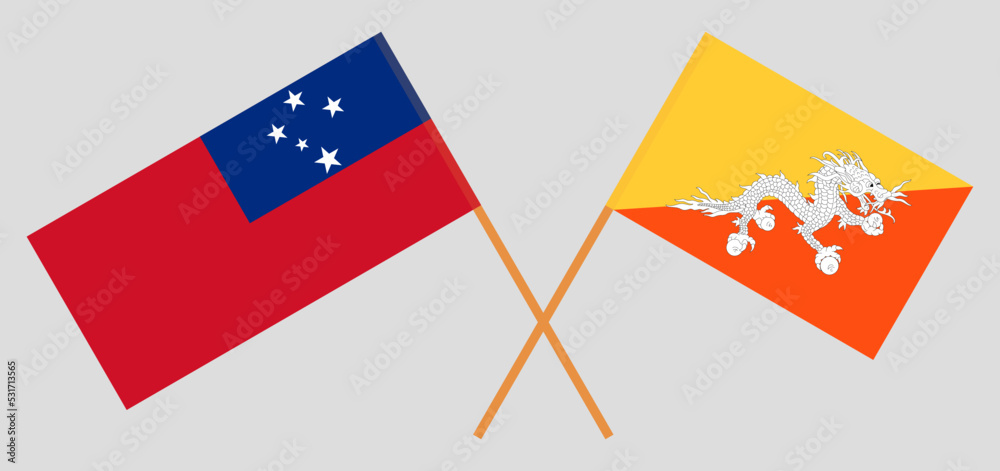 Crossed flags of Samoa and Bhutan. Official colors. Correct proportion Crossed flags of Samoa and Bhutan. Official colors. Correct proportion