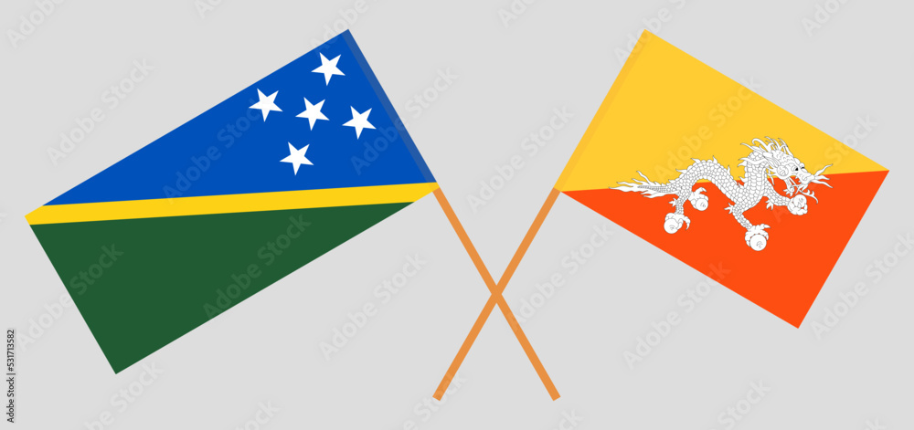 Crossed flags of Solomon Islands and Bhutan. Official colors. Correct proportion Crossed flags of Solomon Islands and Bhutan. Official colors. Correct proportion