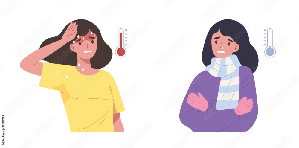 Young female with hot and cold temperatures isolated on white background. Concept of season, climate change, Meteorology thermometers, hot and cold weather. Flat vector illustration character. Young female with hot and cold temperatures isolated on white background. Concept of season, climate change, Meteorology thermometers, hot and cold weather. Flat vector illustration character.