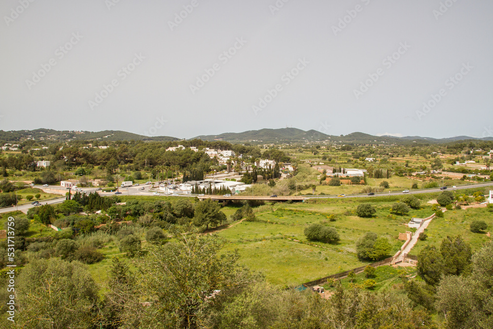 Landscape of Ibiza, Balearic islands, Spain, as seen from Puig de Missa de Santa Eulària del Rio (Panorama)