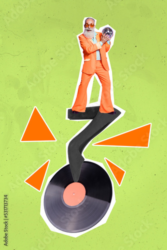 Vertical creative photo collage illustration of old retired stylish man hold disco ball standing on recording gramophone play vinyl