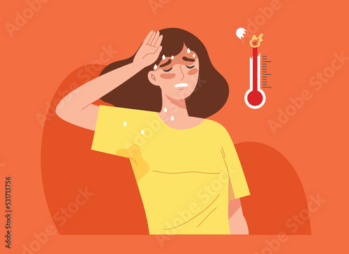 Sweaty woman with hot thermometer. Concept of heat stroke, suffering from heat wave, summer, climate change, global warming, health. Flat vector illustration character.