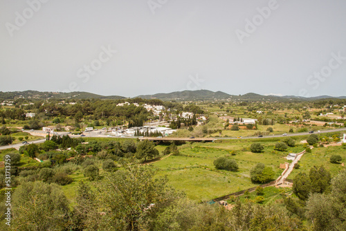 Landscape of Ibiza  Balearic islands  Spain  as seen from Puig de Missa de Santa Eul  ria del Rio  Panorama 