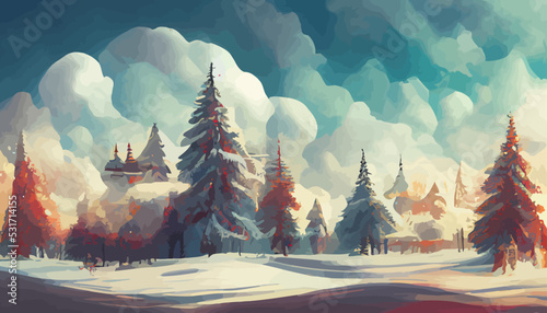 illustration of beautiful snowy mountain with tree on winter perfect for print on Christmas card