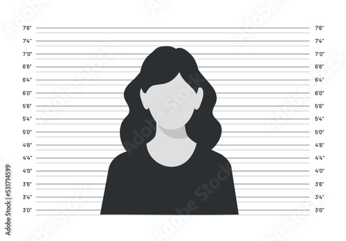 Silhouette of anonymous woman in mugshot lineup isolated on white background. Front view of suspect silhouette. Criminal mugshot. Vector stock