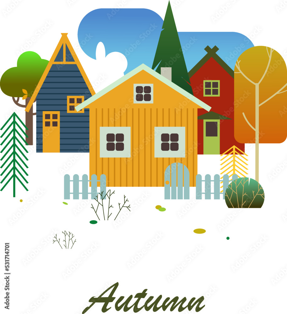 cute autumn illustration.Colorful country houses against the background of autumn trees and blue sky with the inscription 