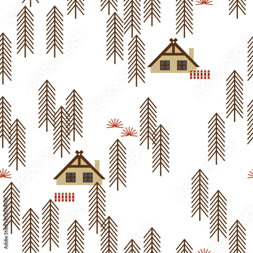 minimalistic pattern in the Scandinavian style. Stylized fir trees and houses in the form of a flat illustration in a restrained color scheme. Northern nature for decoration, design, creativity
