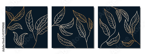 Square dark blue set of backgrounds with golden tropical leaves. For sold out, posters, decorations.