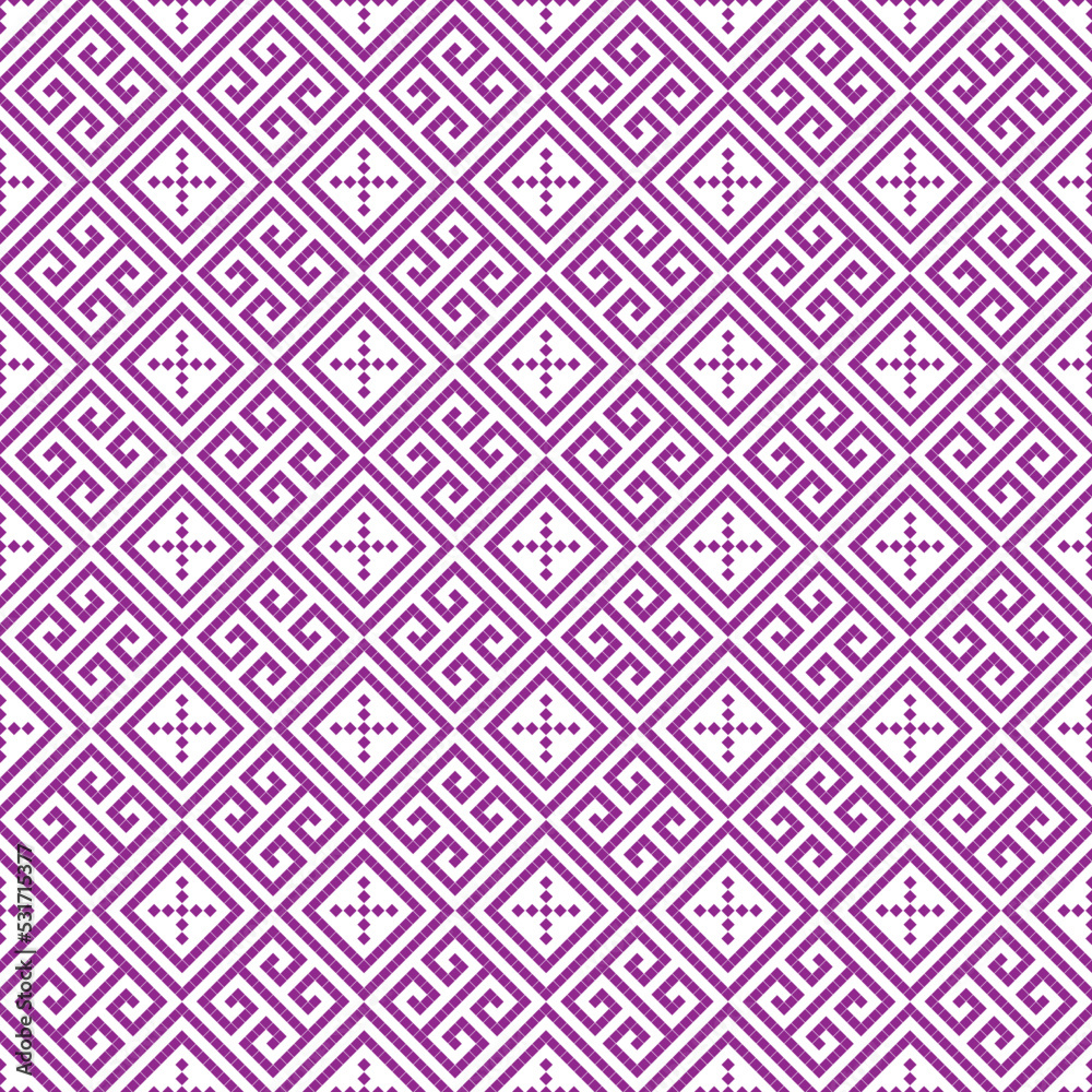 Purple cross-stitch knitting pattern on white background. Purple square dots on white backdrop. Monochrome fabric pattern design for sale. Knitting handicraft art. Purple cross-stitch knitting pattern on white background. Purple square dots on white backdrop. Monochrome fabric pattern design for sale. Knitting handicraft art.