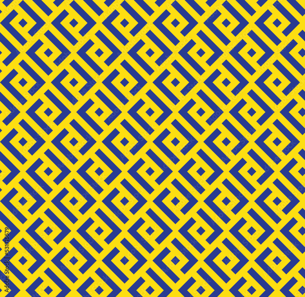 Blue L-shaped interlaced pattern on yellow background. Blue ...