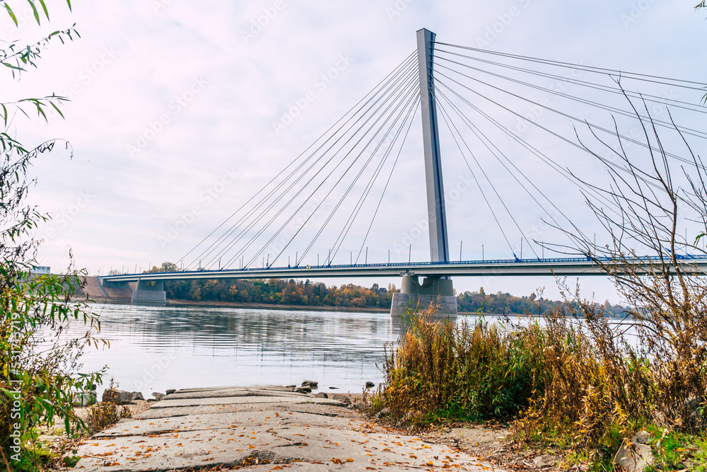 Obraz premium The new bridge Monostor between Slovakia and Hungary connecting the cities of Komarno and Komarom