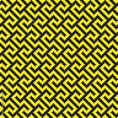 Yellow cross-stitch knitting pattern on black background. Yellow square dots on black backdrop. Monochrome fabric pattern design for sale. Knitting handicraft art.