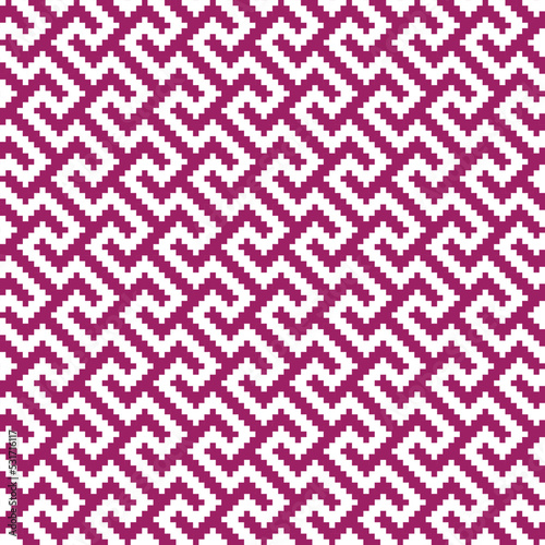 White cross-stitch knitting pattern on purple background. White square dots on purple backdrop. Monochrome fabric pattern design for sale. Knitting handicraft art.