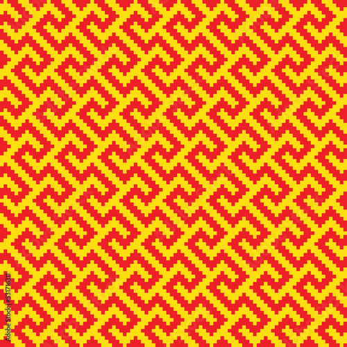 Red cross-stitch knitting pattern on yellow background. Red square dots on yellow backdrop. Monochrome fabric pattern design for sale. Knitting handicraft art.