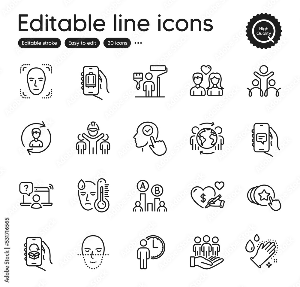 Set of People outline icons. Contains icons as Painter, Baggage app and Chat app elements. Best buyers, Couple love, Face detection web signs. Washing hands, Social care, Inclusion elements. Vector