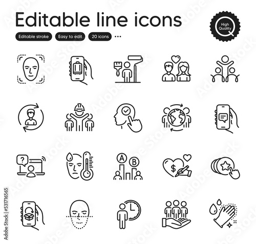 Set of People outline icons. Contains icons as Painter, Baggage app and Chat app elements. Best buyers, Couple love, Face detection web signs. Washing hands, Social care, Inclusion elements. Vector