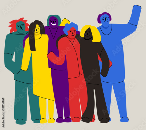 Several people standing together and hugging. Team concept. Corporative culture. Vector bright illustration.
