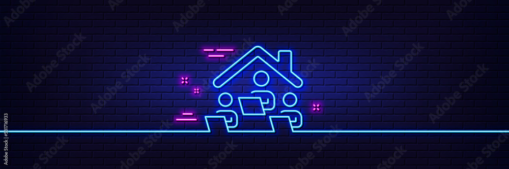 Neon light glow effect. Work at home line icon. Teamwork sign. Remote office symbol. 3d line neon glow icon. Brick wall banner. Work home outline. Vector