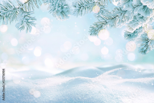 Beautiful winter background image of frosted spruce branches and small drifts of pure snow with bokeh Christmas lights and space for text. © Laura Pashkevich