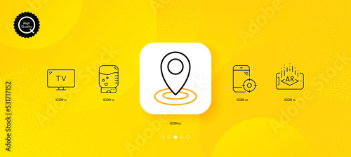 Tv, Seo phone and Augmented reality minimal line icons. Yellow abstract background. Location, Water cooler icons. For web, application, printing. Vector