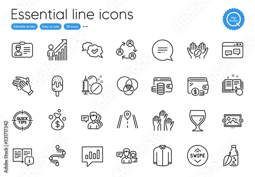 Approved, Coffee and Employee result line icons. Collection of Clapping hands, Technical documentation, Money bag icons. Browser window, Medical drugs, Text message web elements. Vector