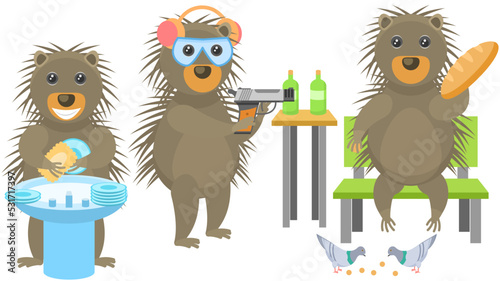 Set Abstract Collection Flat Cartoon Different Animal Porcupine Feeding Pigeons Bread  Washing Dishes In The Sink  Shoots Bottles With A Pistol Vector Style Elements Fauna Wildlife