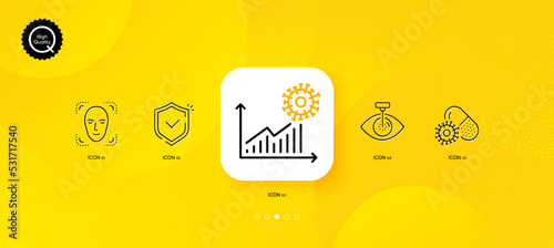Shield, Coronavirus statistics and Face detection minimal line icons. Yellow abstract background. Eye laser, Coronavirus pills icons. For web, application, printing. Vector
